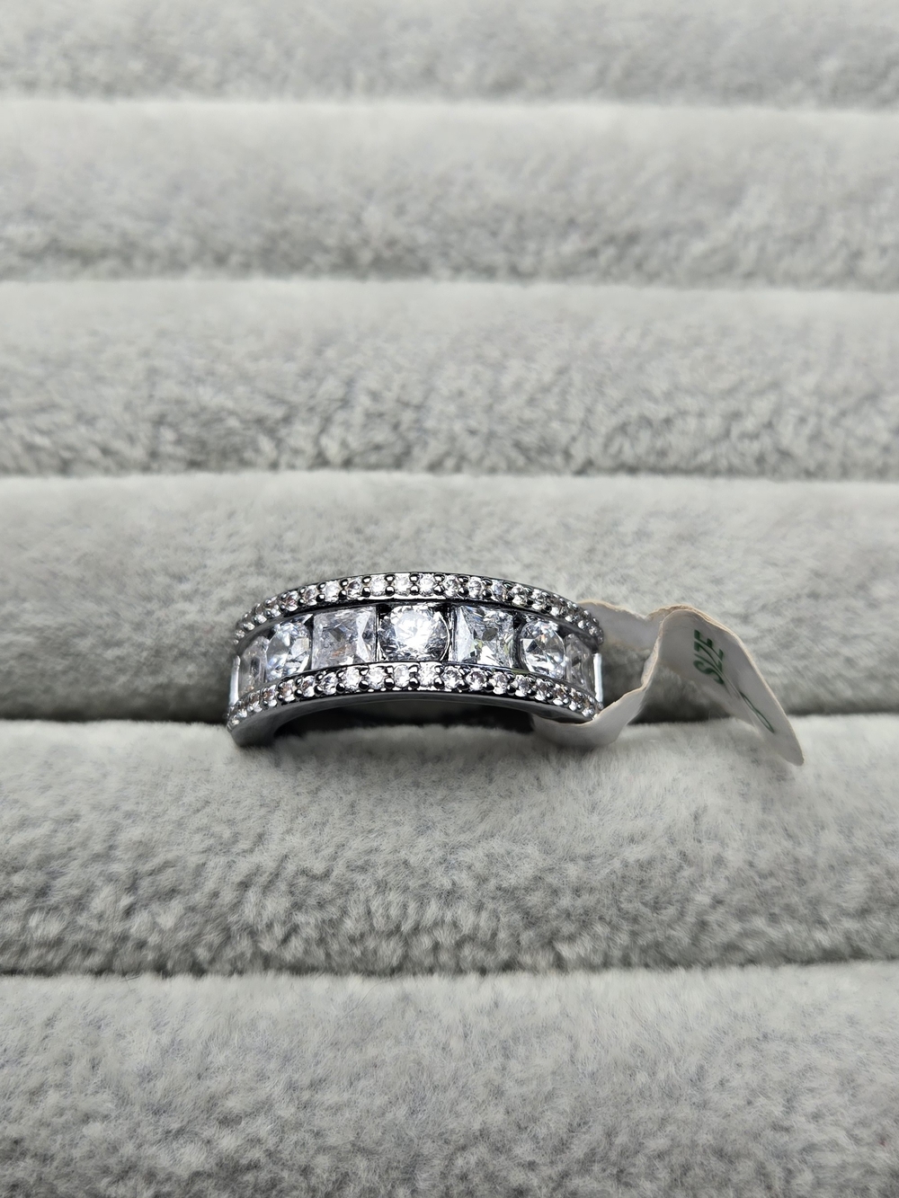 Size 8 Three Rows Diamond Cubic Zirconia Rhodium Plated Bomb Party Ring